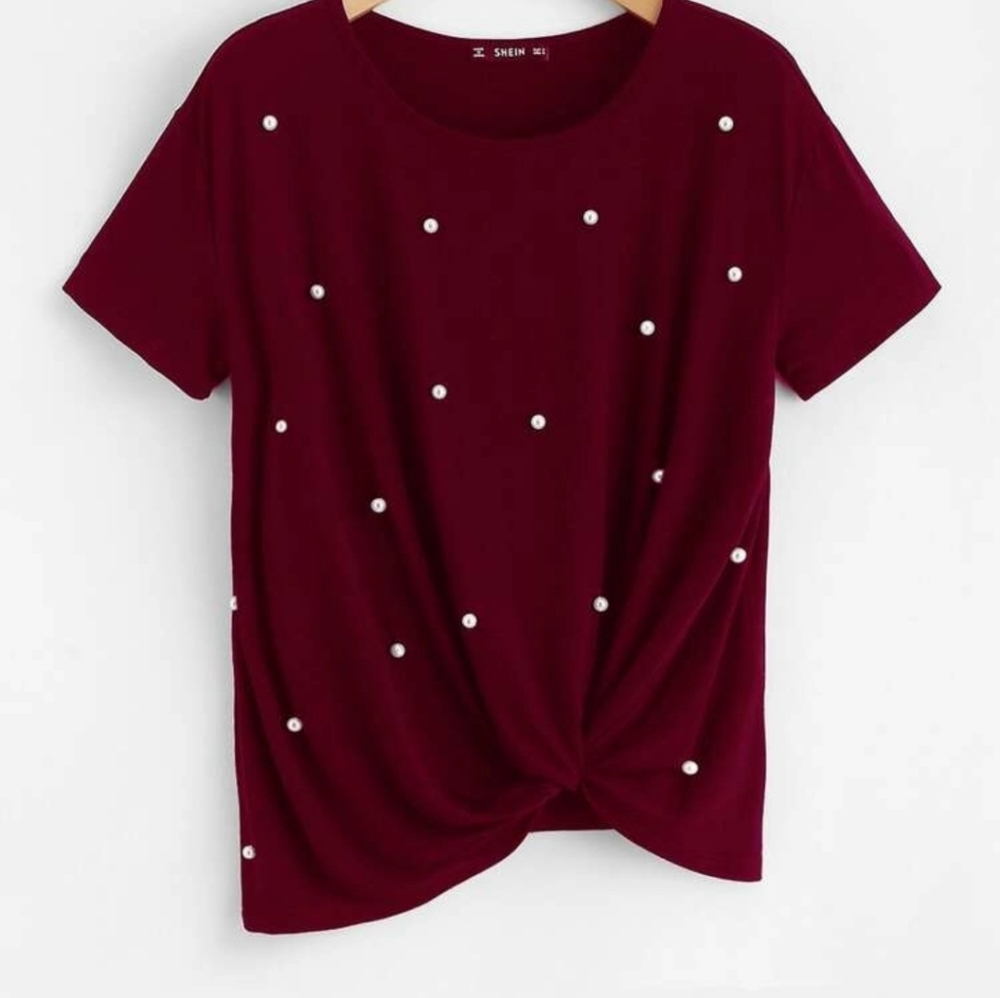 Pearl Beading Twist Hem Top